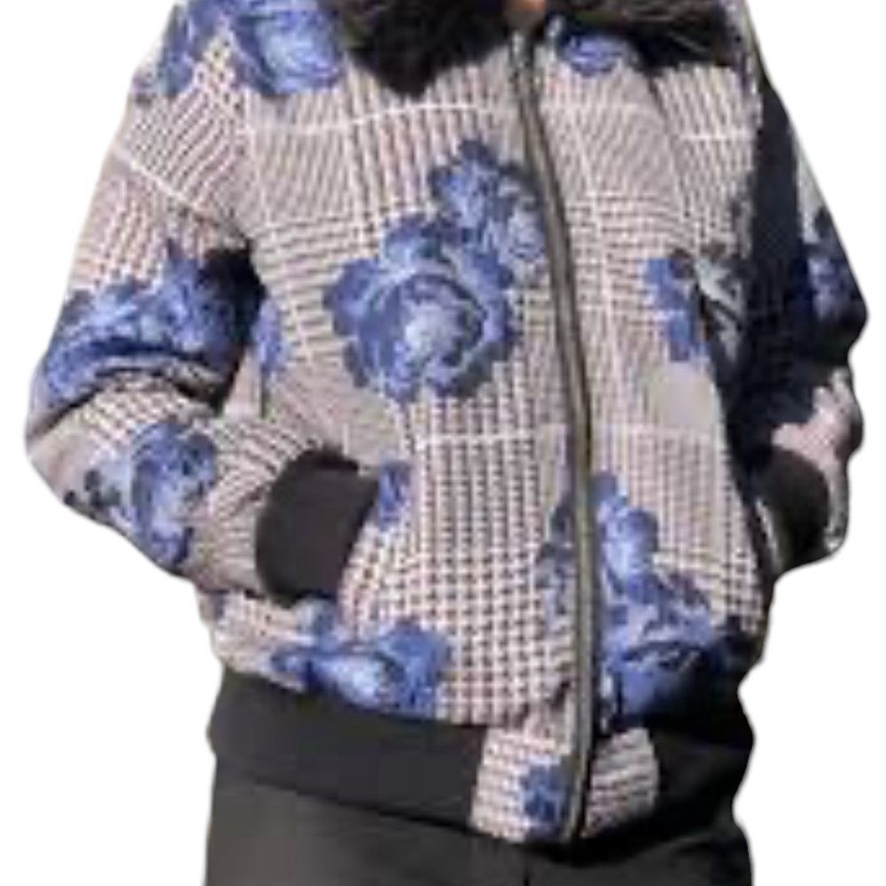 Outer Edge Blue Roses Bomber Jacket Faux Fur Collar Size XL